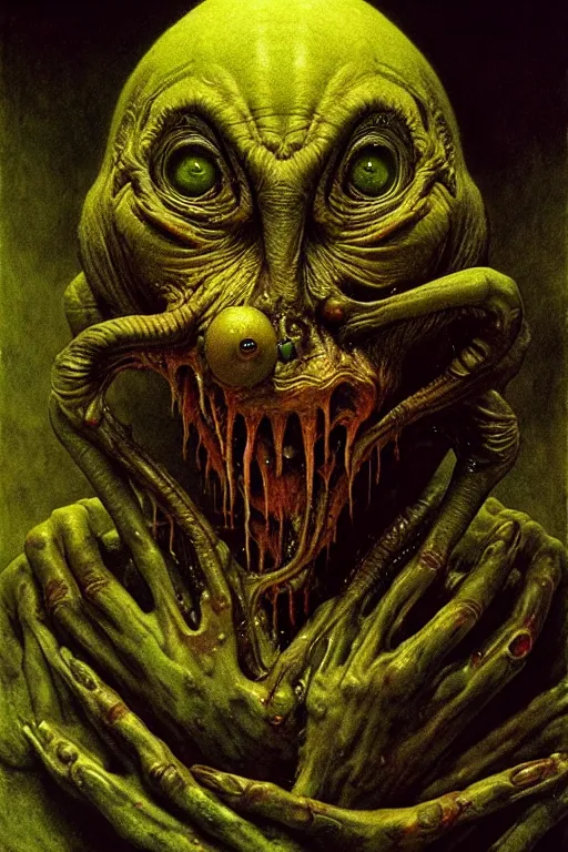 Image similar to perfectly - centered horror portrait - photograph of a brutal scary terrifying ugly monstrous alien goblin creature real life portrait by beksinski and jean delville, slimy pus oozing specular, unreal engine 5, photorealism, hd quality, 8 k resolution, cinema 4 d, hdr dramatic cinematic lighting