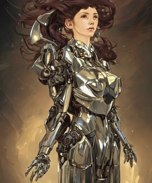 Image similar to fantasy magic portrait of a humanoid mecha cyberpunk! goddess art by artgerm and greg rutkowski and alphonse mucha, rule of thirds, golden ratio, Art Nouveau cyberpunk! style, mechanical accents!, mecha plate armor,long hair, fantasy, intricate, elegant, highly detailed, digital painting, artstation, concept art, smooth, sharp focus, flowing wires with leaves, rich deep moody colors