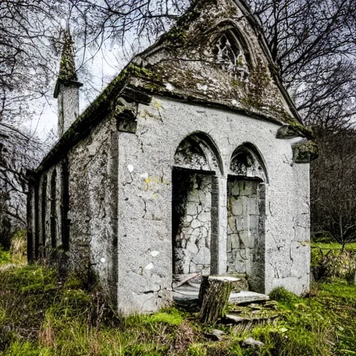 Image similar to a stone and wood church, abandoned and reclaimed by nature, irish church, 8 k photography