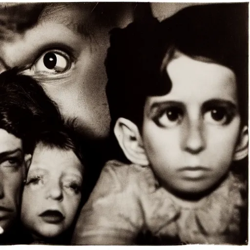 Prompt: high quality high detail photograph by diane arbus, hd, odd people in a frenzy, aggression, disfiguration, intense psychological triller, photorealistic lighting