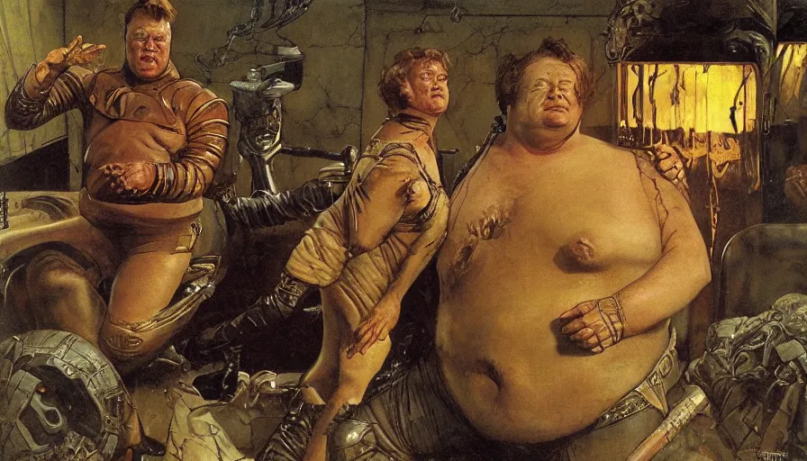 Prompt: movie scene of baron vladimir harkonnen in dune, by lawrence alma tadema and rick berry and norman rockwell and greg staples and jack kirby, directed by david lynch