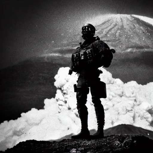 Image similar to Close-up of a heavy-armored soldier standing infront of an erupting volcano, black and white, professional photography, eerie, cinematic