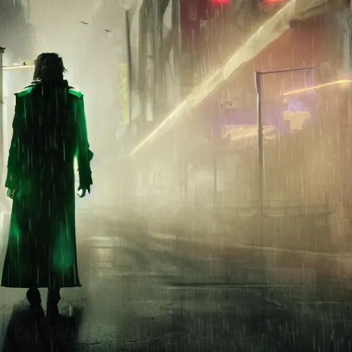 Image similar to frankenstein's monster wearing a trench coat on a wet nighttime street, cyberpunk, synthwave, trending on art station, trending on deviantart, 8 k resolution, epic digital art