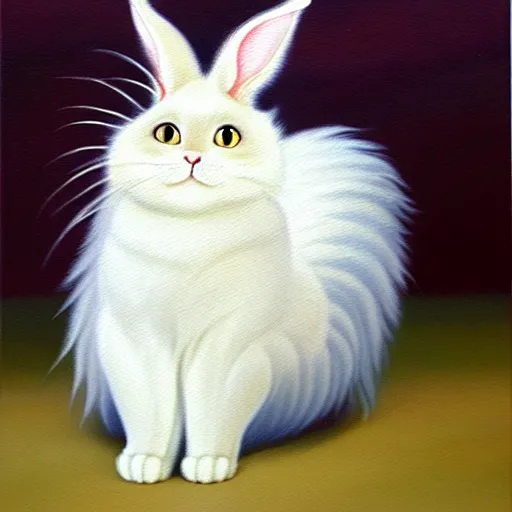 Prompt: oil painting of bunny-cat hybrid with long curly white fluffy fur and extra long tail, by Hayao Miyazaki