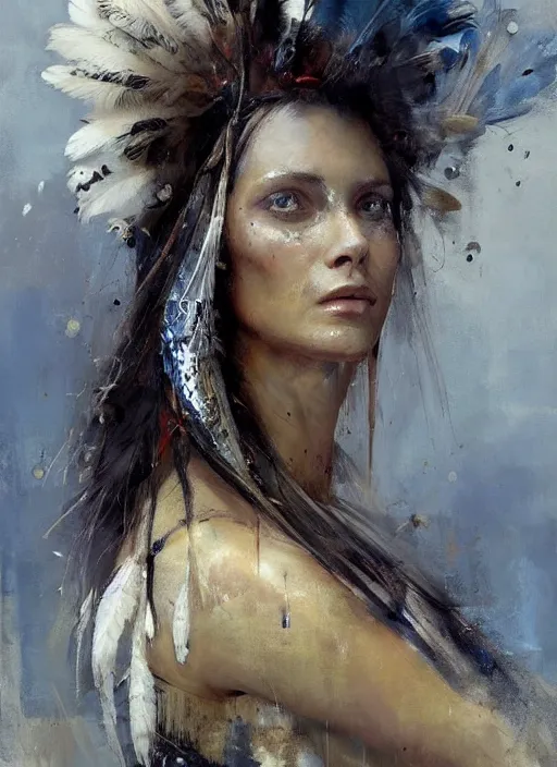 Image similar to painting of a beautiful woman with the face of an eagle, adorned with scant armor, with a feather in her hair, with a strong pose, by Jeremy Mann, stylized, detailed, loose brush strokes, warm tones, vivid colors, realistic