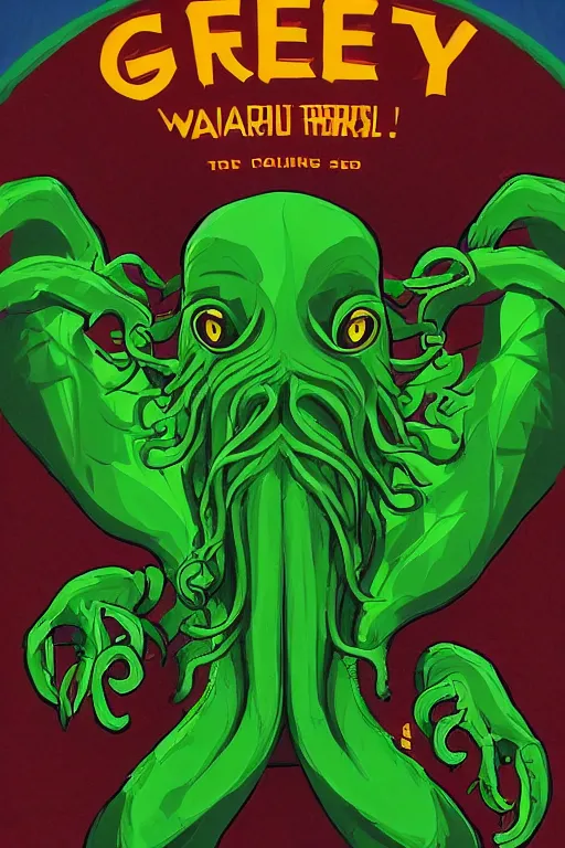 Image similar to a movie poster for the film (green Cthulhu dancing) by Tom Whalen, highly detailed, award winning creature portrait, fantasy, artstation