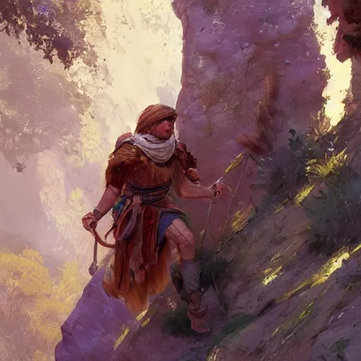 Image similar to oil art of young roma mage adventurer climbing down a cliffside in style of disco elysium character, gipsy jester character design from ravenloft, art by anders zorn, wonderful masterpiece by greg rutkowski, beautiful cinematic light, american romanticism by greg manchess, jessica rossier