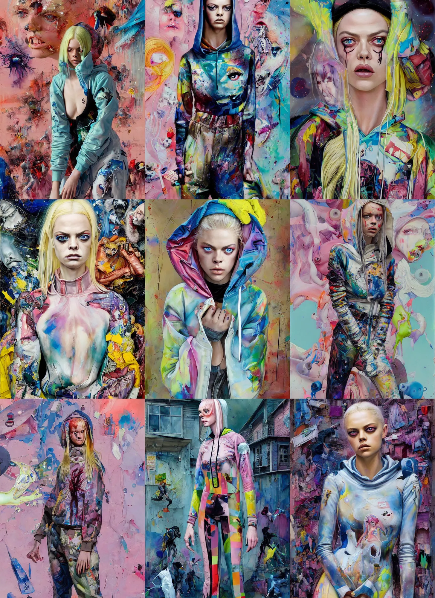 Prompt: ( ( hunter schafer ) ) samara weaving from die antwoord by martine johanna and donato giancola, wearing a hoodie, standing in a township street, street fashion outfit,!! haute couture!!, full figure painting by john berkey, david choe, ismail inceoglu, pastel color, detailed impasto brush strokes, 2 4 mm lens