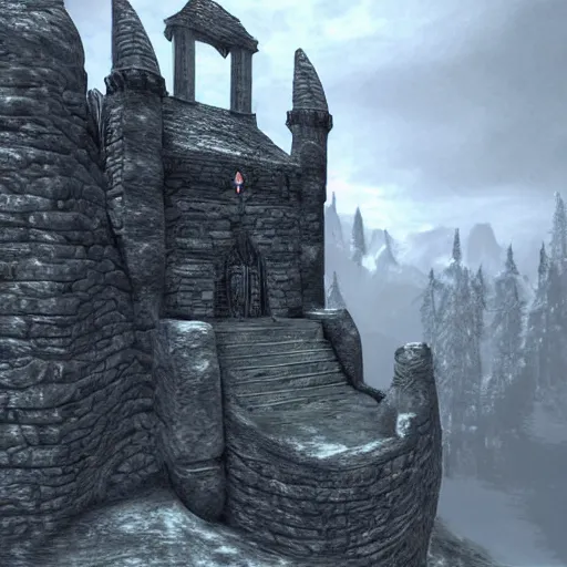 Prompt: Elder Scrolls Skyrim castle tower that is shaped like a fox head, digital art