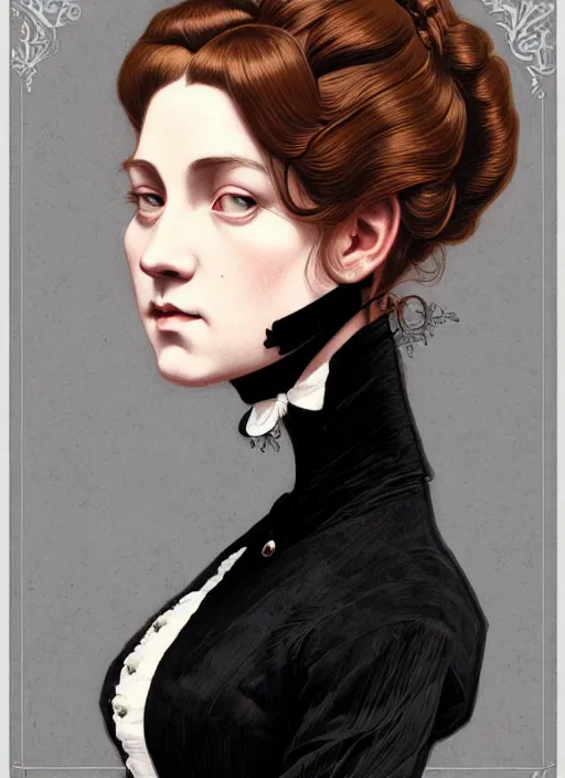 Image similar to 3 / 4 view of a portrait of woman in victorian clothing, confident pose, intricate, elegant, sharp focus, illustration, highly detailed, concept art, matte, trending on artstation, anime, art by james jean and artgerm and brian despain and alberto mielgo, ilya kuvshinov, strong strokes, gothic, haunted, art nouveau