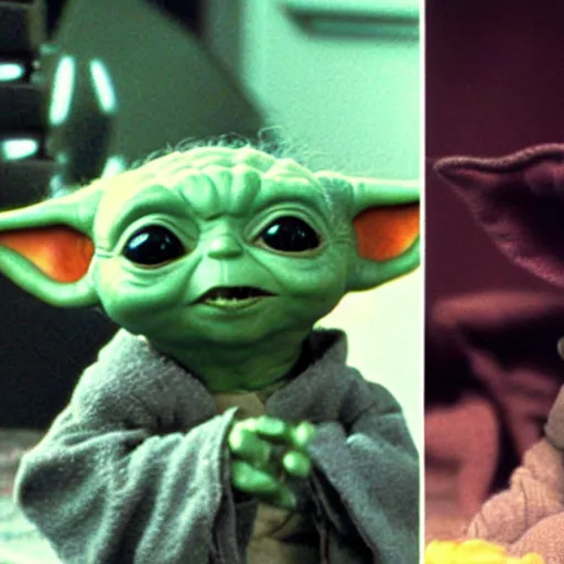 Image similar to baby yoda and yoda from empire strikes back playing with toys