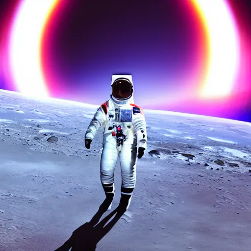 Image similar to A wide angle shot from below of a female astronaut with a feminine body walking with swagger towards camera on mars in an infinite universe , synthwave digital art