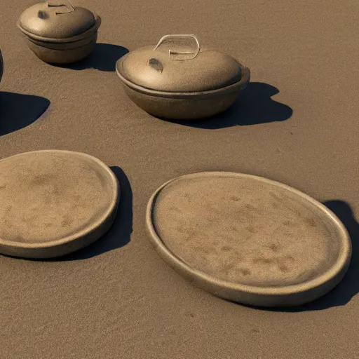 Prompt: oval-shaped woks on a beach, photorealistic, 8k