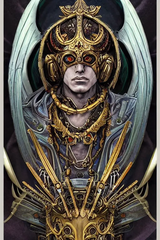 Image similar to a dramatic full-color art nouveau and ironpunk styled bust portrait of a godlike and stoic alien king, with strong judging eyes, extremely detailed, art nouveau cybenetic engraved armor and intricately detailed angel-winged crown of cosmic power, perfectly symmetrical facial structure and framework, handsome yet brutal alien facial features of ancient swarth, by simon bisley, michael kaluta and travis charest, dark sci-fantasy, deeply ornate complexity, male face and bust, human anatomy mixed with cosmic alien and cyborg characteristics, sci-fi character concept, photorealism, art nouveau framing, stunning lighting, hyperrealism, 8k
