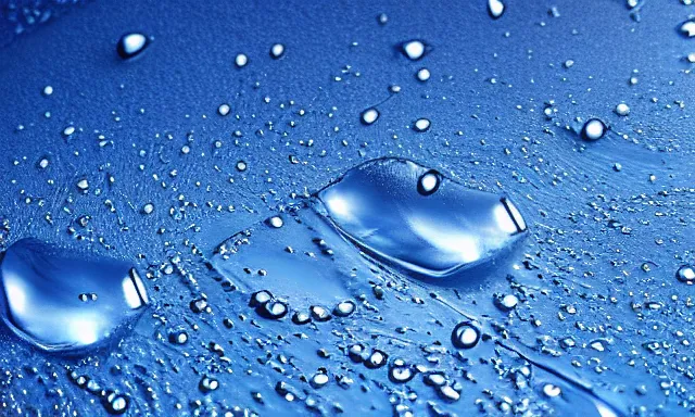 Image similar to beautiful picture of many big drops of water floating quietly on a blue background, hot and sunny highly-detailed, elegant, dramatic lighting, artstation, 4k, cinematic landscape, photograph by National Geographic