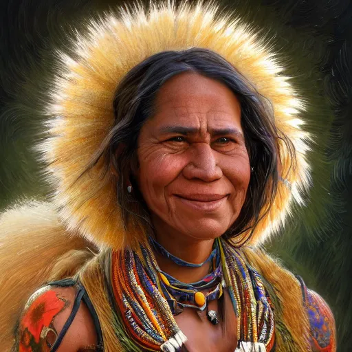 Prompt: an portrait of an happy female aboriginal, detailed, centered, digital painting, artstation, concept art, donato giancola, Joseph Christian Leyendecker, WLOP, Boris Vallejo, Breathtaking, 8k resolution, extremely detailed, beautiful, establishing shot, artistic, hyperrealistic, beautiful face, octane render