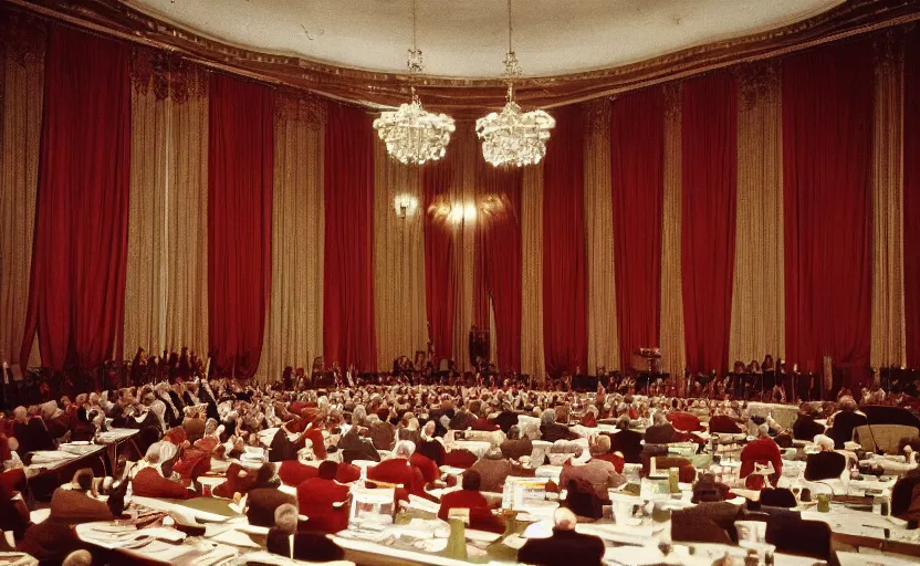 Prompt: 60s movie still of a CCCP congress in a stalinist style palace, by Irving Penn , cinestill 800t 35mm eastmancolor, heavy grainy picture, very detailed, high quality, 4k, HD criterion, precise texture