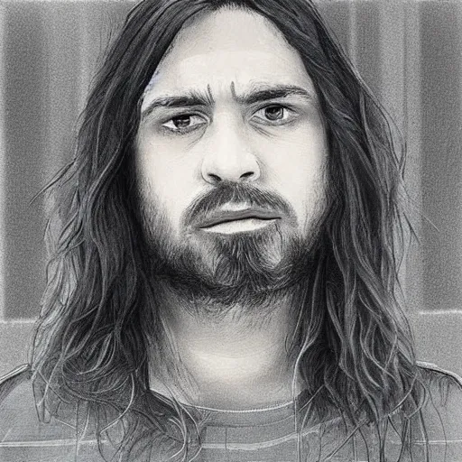 Image similar to “sad depressed guy with long hair and goatee working at Walmart, photorealistic”