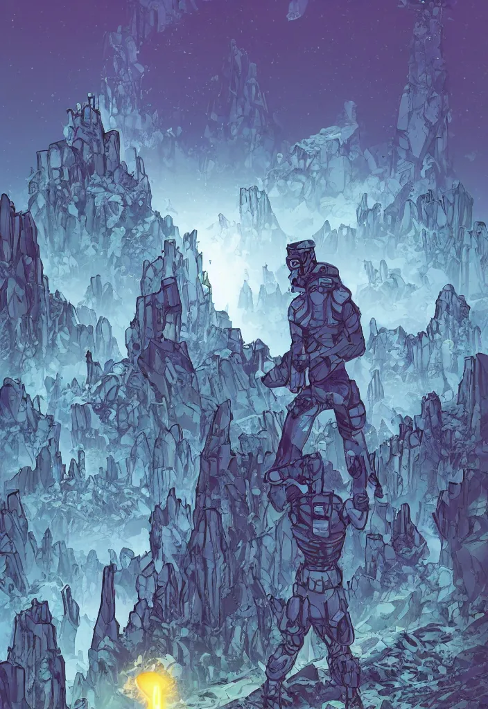 Prompt: a comic book cover of an android soldier with back to the camera, in a forest made of crystal and gemstone, looking across a vast chasm and old rope bridge. on the mountain facing him is a temple made of shards of crystal with a tower glowing in the fog, by francis manapul and by dustin nguyenand