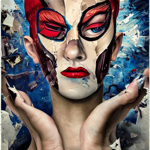 Image similar to a painting of a woman's face with torn-up superhero comics on her face, a surrealist painting, behance contest winner, pop surrealism, surrealist, detailed painting, poster art