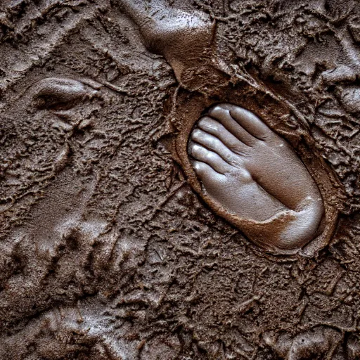 Prompt: the footprint of bigfoot in the mud, 4 k high - resolution photograph, ultra detail, hd photo