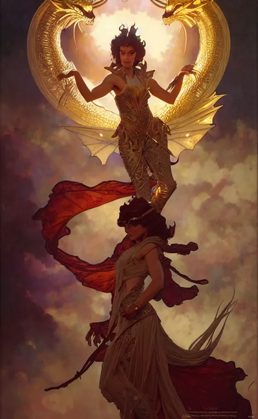 Image similar to magic gold dragon gorgeous lighting by weta studio, mucha, bautista and norman rockwell and greg rutkowski and tom bagshaw and james gurney and lucasfilm