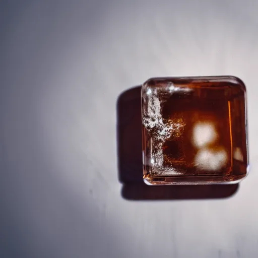 Prompt: an ice cube melting on a wooden table, 35mm lense, close view, light from above, cinematic high definition