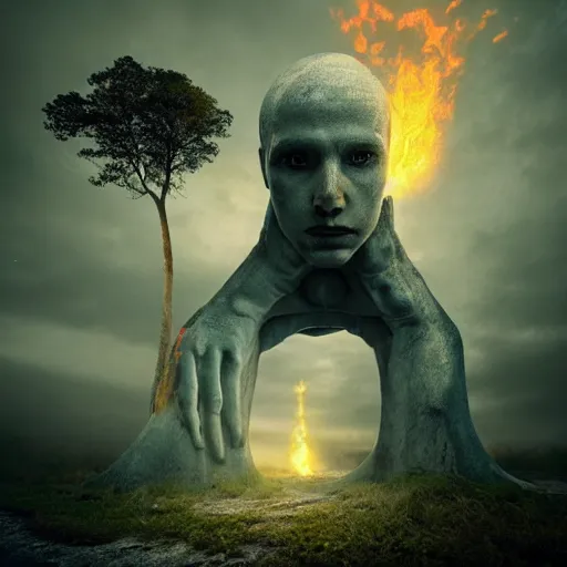 Image similar to Editorial Masterpiece extremely realistic Illusion Arcane elemental High Orders Nephilim Virtues figure infused with coalesced fantasy crystalline Magical fire by Erik Johansson, perfect crisp light