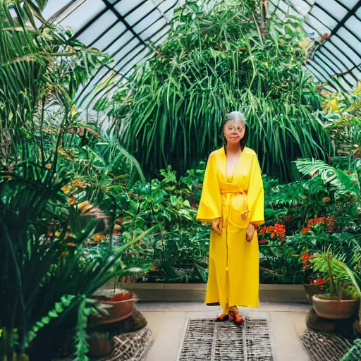 Image similar to medium photo portrait of a woman wearing a yellow kimono in a tropical greenhouse