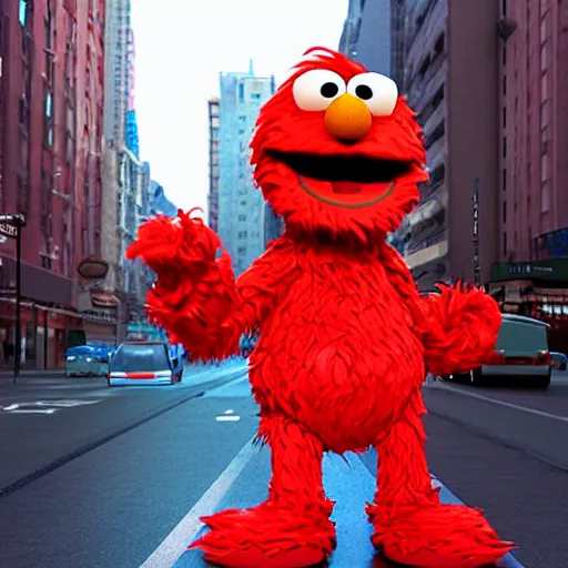 Image similar to Cinema4d 3d octane render of giant Elmo from sesame street being depicted as a 90’s rapper in New York City, highly detailed, 4K, moody lighting