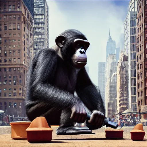 Prompt: a chimpanzee picking up pennies in manhattan with a large steam roller headed towards him, depth of field, max fleischer, breathtaking, detailed and intricate environment, 8 k resolution, hyperrealistic, octane render