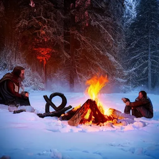 Image similar to closeup photo of stalker and witcher sitting near campfire, by marc adamus, beautiful dramatic lighting