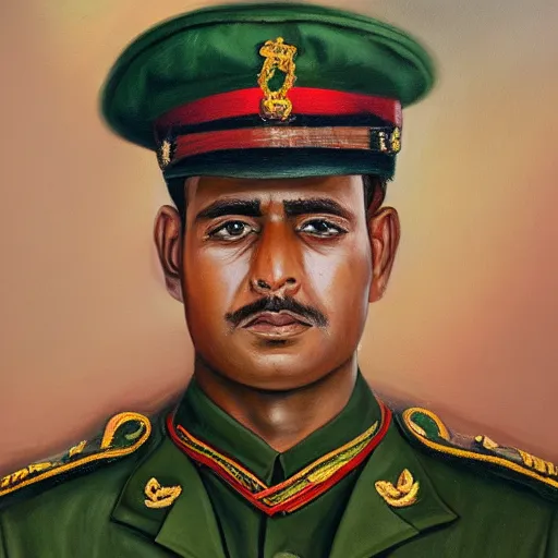 Prompt: detailed oil painting of a man in khaki army uniform. Portrait.