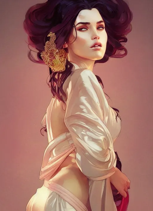 Image similar to gorgeous michi wearing a silk robe, digital painting, artstation, concept art, sharp focus, illustration, art by artgerm and greg rutkowski and alphonse mucha