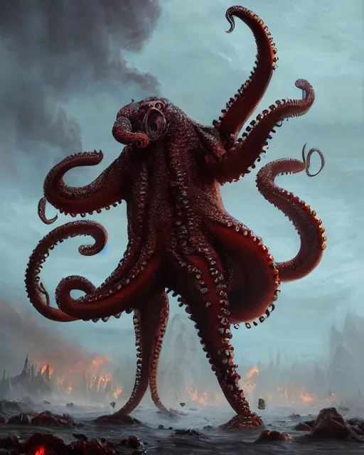 Image similar to oil painting of Angry Anthropomorphized Octopus Berserker, wearing fur armor, claws, sharp focus, attack pose, fantasy style, octane render, volumetric lighting, 8k high definition, by greg rutkowski, highly detailed, trending on art Station, magic the gathering artwork, burning Battlefield background, centered