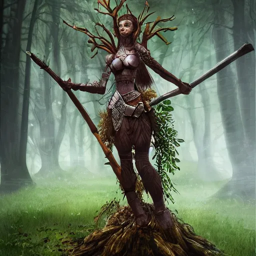 Image similar to a dryad knight made of wood weilding a giant club, dnd in a dark forest, digital art, high quality render, artstation, 8 k, photograph quality, ultrahd, in the style of dungeons and dragons