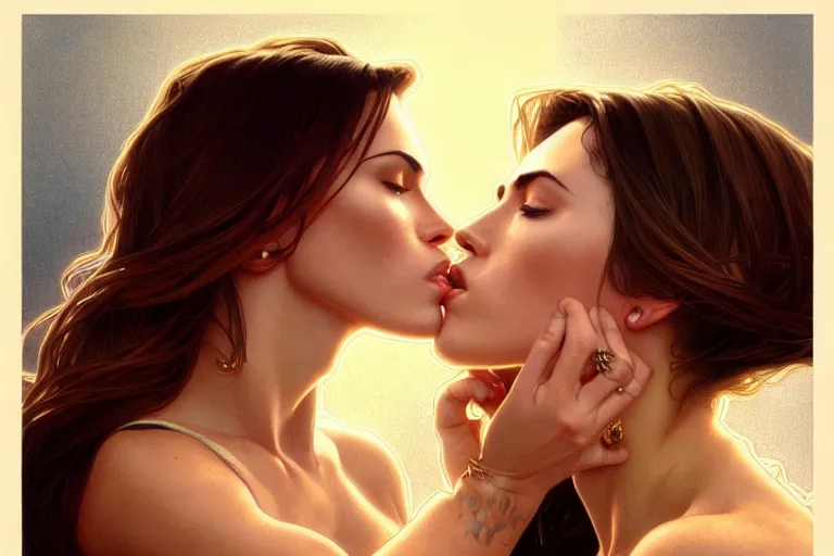 Image similar to portrait of megan fox kissing a blonde woman, lesbian kiss, intricate, headshot, highly detailed, digital painting, artstation, concept art, sharp focus, cinematic lighting, illustration, art by artgerm and greg rutkowski, alphonse mucha, cgsociety