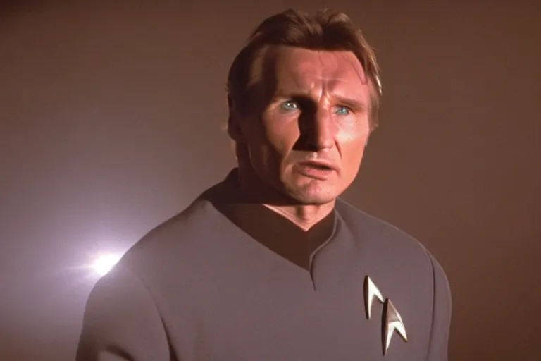 Image similar to A film still of Liam Neeson in a Star Trek: The Next Generation, sitting in Ten Forward, dramatic lighting