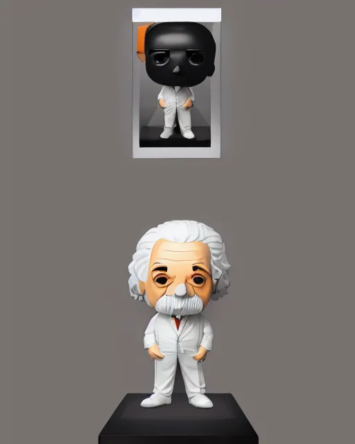 Image similar to full body of albert einstein as a funko pop!, four, studio lighting, white background, single body, no shadow, blender, trending on artstation, 8 k, highly detailed