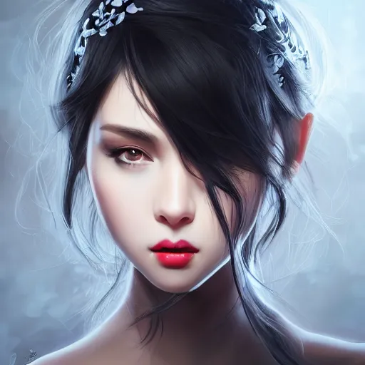 Image similar to a beautiful and elegant girl by wlop, black hair, dream, closeup headshot, 8 k, high detailed, style of ghost blade, ultra - realistic painting, trending on artstation, cg rendering.