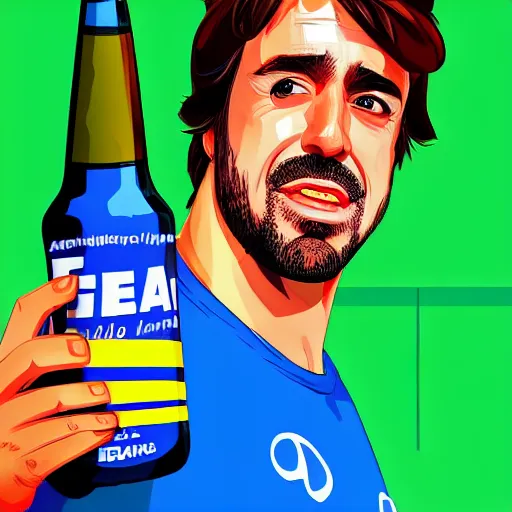 Image similar to Fernando Alonso on a tropical island, scenic view, holding a beer!!, digital art, gta 5 cover art, trending on artstation