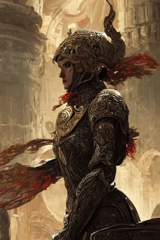 Image similar to portrait knights of Zodiac girl, metallic black and reddish reflected armor, in ruined Agora of Athens, ssci-fi, fantasy, intricate, very very beautiful, elegant, highly detailed, digital painting, artstation, concept art, smooth, sharp focus, illustration, art by tian zi and WLOP and alphonse mucha