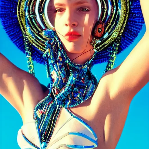 Prompt: close up of a female fashion model in year 3000 at beach, model wearing a huge surreal Avant-garde helmet in blue, photography , official Versace editorial , highly detailed