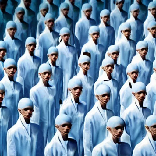 Image similar to army of identical athletic female clones in formation, white hair, tight light blue neopren suits, in rows, futuristic chemistry lab, sci - fi, highly detailed, cinematic