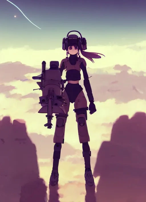 Image similar to panoramic view of cute pilot girl, black sky background, desert landscape, illustration concept art anime key visual trending pixiv fanbox by wlop and greg rutkowski and makoto shinkai and studio ghibli and kyoto animation, soldier clothing, military gear, fused mecha parts, rule of thirds