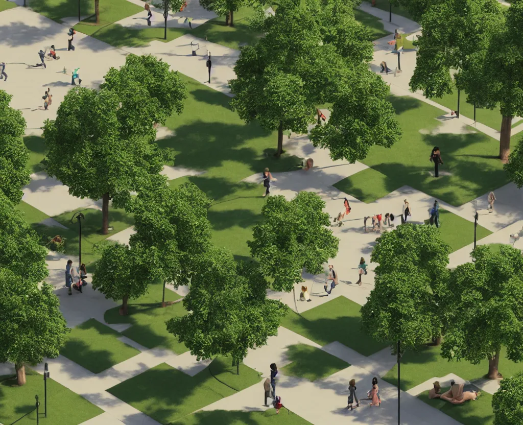 Image similar to city park, people and dogs, isometric view, octane 3d, light filtering through the trees, ray tracing, volumetric lighting