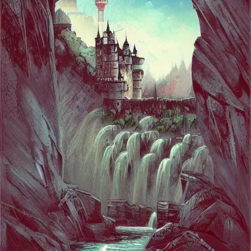 Prompt: a painting of a castle with a waterfall in front of it. digital painting, vertical, intricate, beautiful, detailed, grunge, sharp focus, abstract art by kuvshinov and el lissitzky and artgerm and kandinsky, trending on artstation. blue, dark red and dark purple color scheme, gradient darker to bottom