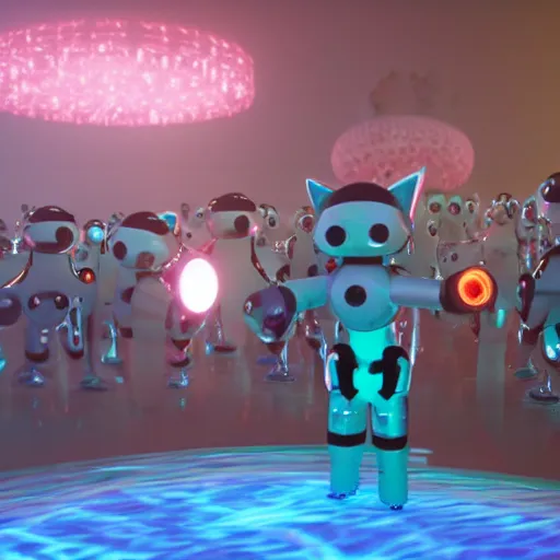 Image similar to promotional movie still wide - angle 3 0 m distance. fuzzy pearlescent robots ( ( cat ) ) 1 million into the future ( 1 0 0 2 0 2 2 ad ) like disco music, disco balls, dance - off contests. very dramatic atmospheric volumetric lighting, octane 3 d render, ue 5, imax, saturday night fever ( film )