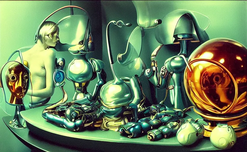 Prompt: strange seductive futuristic robot body, enticing colorful oil masterful painting dutch golden age vanitas still life splendid composition with bulbous luscious objects strange gooey transparent surfaces shiny metal reflections bizarre mutant meat insects rachel ruysch dali todd schorr very detailed perfect composition rule of thirds masterpiece canon 5 0 mm, cinematic lighting, photography, retro, film, kodachrome