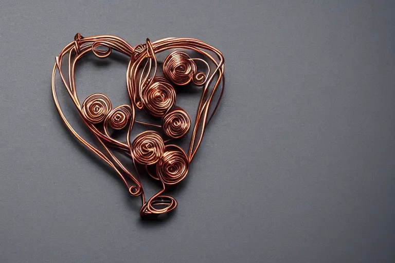 Image similar to a very beautiful tiny human heart organic sculpture made of copper wire and threaded pipes, very intricate, curved. studio lighting, high resolution, high quality, black background